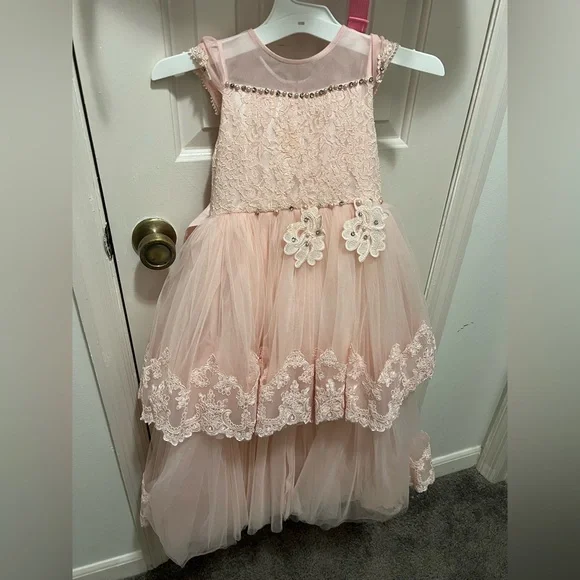 Elegant Pink Lace Flower Girl Dress - Picture 3 of 8